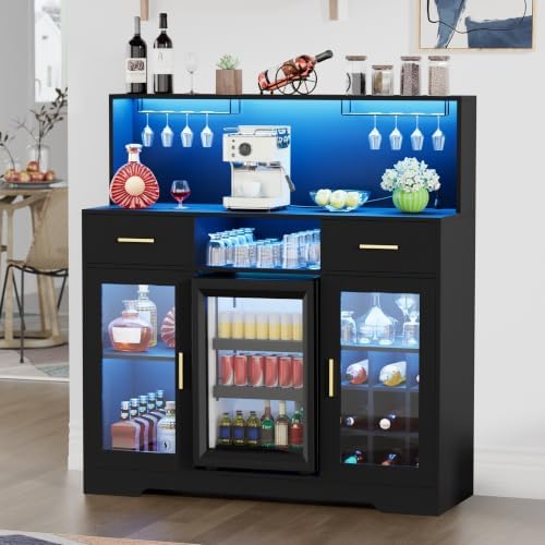 Home Bar And Fridge - ミニ冷蔵庫付き収納キャビネット、LEDライトと電源コンセント付き家庭用ワインバーキャビネット、ミニコーヒー バーキャビネット