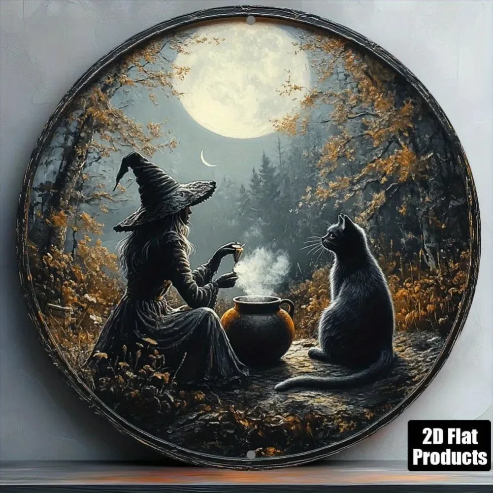 Home Bar And Coffee - レトロなハロウィーンの壁飾り 1 個 - 魅惑的な魔法の森の魔女と黒猫のデザイン、家庭、バー、キッチン、コーヒーショップ用
