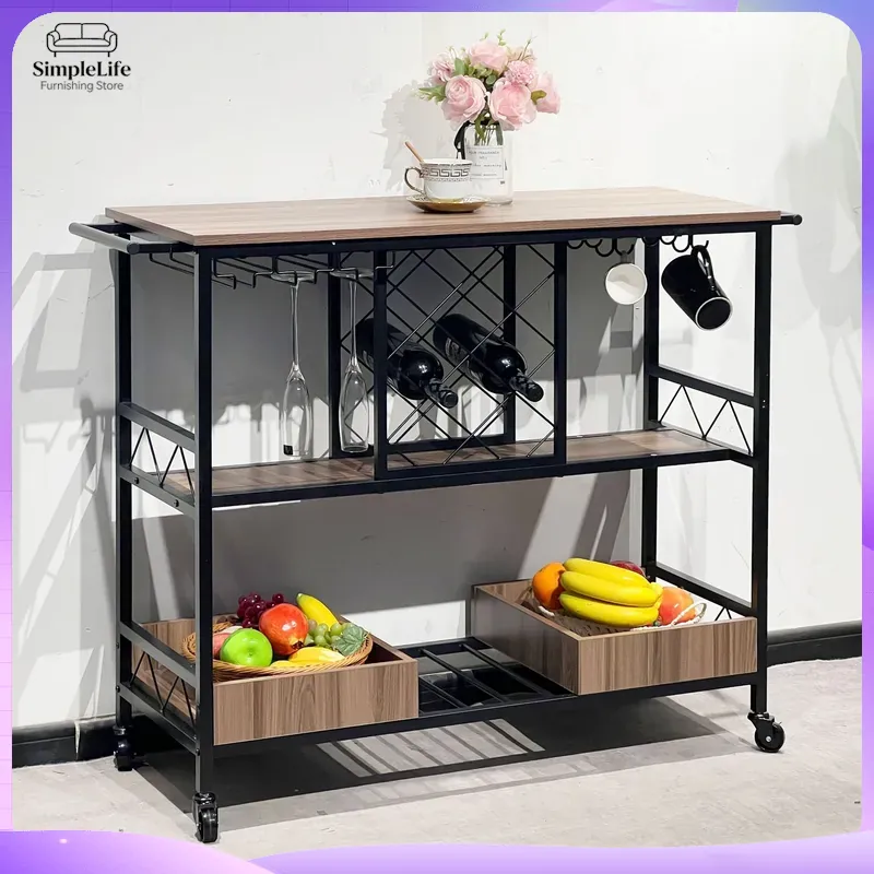 Home Bar Shelf - 多機能キッチンカート、収納棚付き、調理、ベーキング、食品の準備、お茶、コーヒー、バー、家庭用ローリングトロリー
