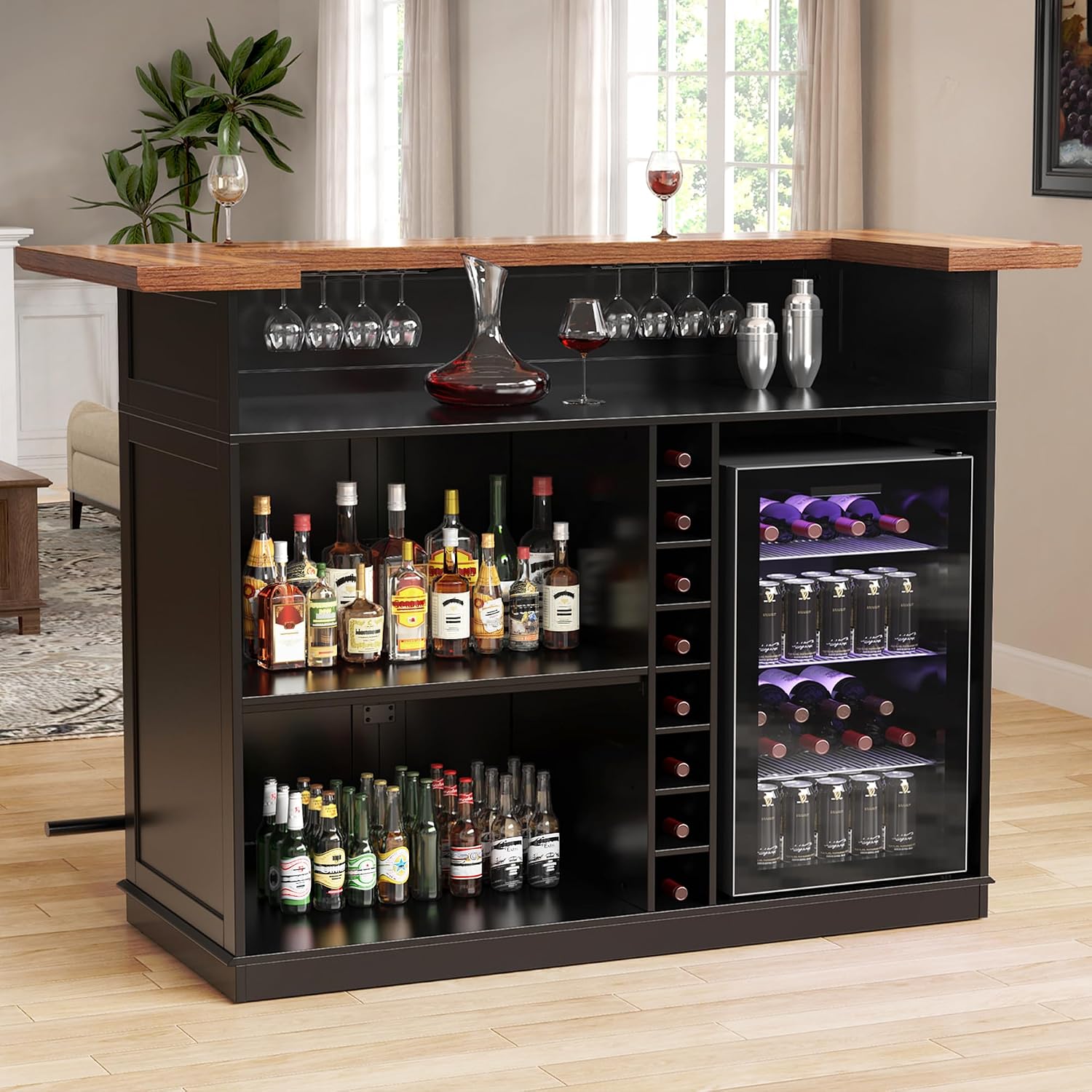 Home Bar And Fridge - U字型バーキャビネット（冷蔵庫スペース、ワイン収納、グラスラック、カクテル調理用カウンタートップ付き）、63.1インチ、カスタマイズ可能