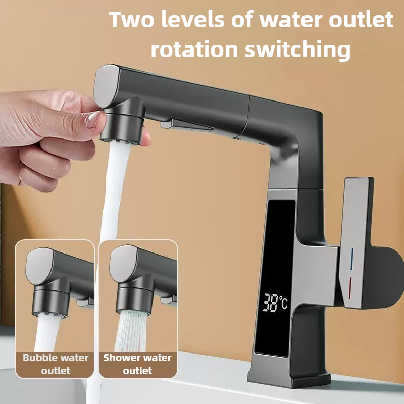 Home Bar Sink - デジタルディスプレイ付きプルアウト式蛇口、インテリジェント温度センサー搭載真鍮製洗面台用蛇口、回転式昇降冷温水混合栓
