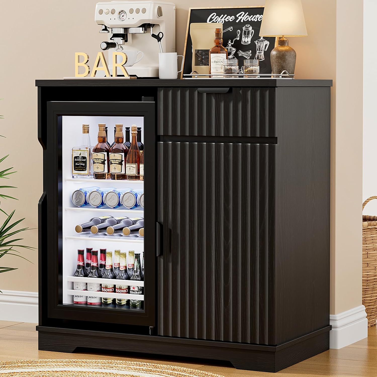 Home Bar And Cabinet - 溝付きコーヒーバーキャビネット、ミニ冷蔵庫プルアウトドロワー付き、31.5インチワイン・リキュール収納、家庭用キッチン・ダイニングルーム、ブラック、カスタマイズ可能