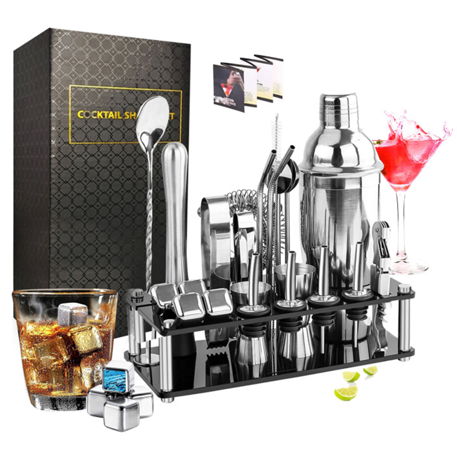 Cocktail Recipe Book - ステンレス鋼のバーテンダーキット,カクテル用,ディスプレイスタンド付き,アイスキューブ,混合スプーン,レシピブック,ギフト