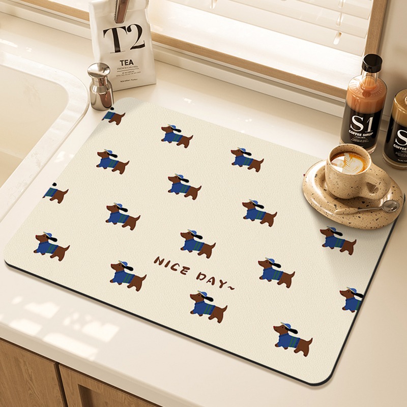 漫画のパグ柄プリントキッチン乾燥マットカウンター耐熱ディッシ - Bar Mat Rubber のレビューと価格